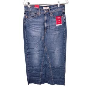 Levi Strauss Denim Maxi Skirt Women's Distressed‎ Slit Mid Rise Comfort Stretch